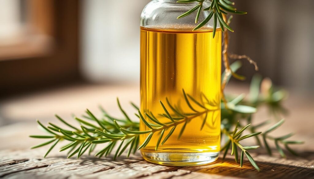 A close-up photograph of a glass bottle filled with clear, golden rosemary oil. The bottle is placed on a rustic wooden surface, with a sprig of fresh rosemary leaves cascading gracefully around it. The lighting is soft and warm, creating a natural, soothing ambiance. The depth of field is shallow, focusing the viewer's attention on the bottle and the rosemary, while the background is gently blurred, creating a sense of depth and focus. The overall composition is balanced and visually appealing, conveying the natural and restorative properties of rosemary oil for hair growth and care.
