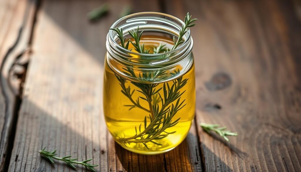 A glass jar filled with fresh rosemary sprigs, submerged in a clear, golden-hued oil. The jar is placed on a rustic wooden surface, illuminated by soft, natural lighting. The scene evokes a sense of tranquility and simplicity, capturing the essence of the cold infusion method for creating homemade rosemary oil. The delicate green leaves and the warm, earthy tones of the oil create a visually appealing and soothing composition, reflecting the gentle process of extracting the aromatic essences of rosemary through patient, low-temperature infusion.