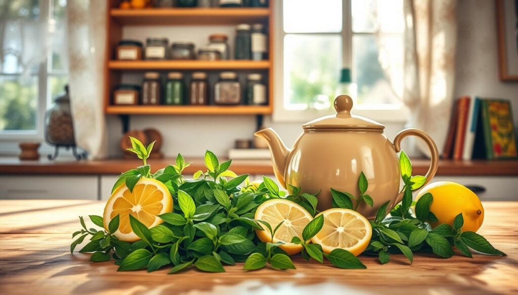 A serene and cozy kitchen counter, sun-dappled through lace curtains, showcases an assortment of lemon balm tea ingredients. Fresh green leaves, fragrant lemon slices, and a warm ceramic teapot sit atop a wooden surface. Soft, natural lighting illuminates the scene, creating a calming, wellness-focused atmosphere. In the background, shelves display jars of dried herbs and a few well-worn cookbooks, hinting at the homemade, artisanal nature of the lemon balm tea recipes. The overall impression is one of simple, soothing, and natural relaxation. how to make lemon balm tea
A serene and cozy kitchen counter, sun-dappled through lace curtains, showcases an assortment of lemon balm tea ingredients. Fresh green leaves, fragrant lemon slices, and a warm ceramic teapot sit atop a wooden surface. Soft, natural lighting illuminates the scene, creating a calming, wellness-focused atmosphere. In the background, shelves display jars of dried herbs and a few well-worn cookbooks, hinting at the homemade, artisanal nature of the lemon balm tea recipes. The overall impression is one of simple, soothing, and natural relaxation.