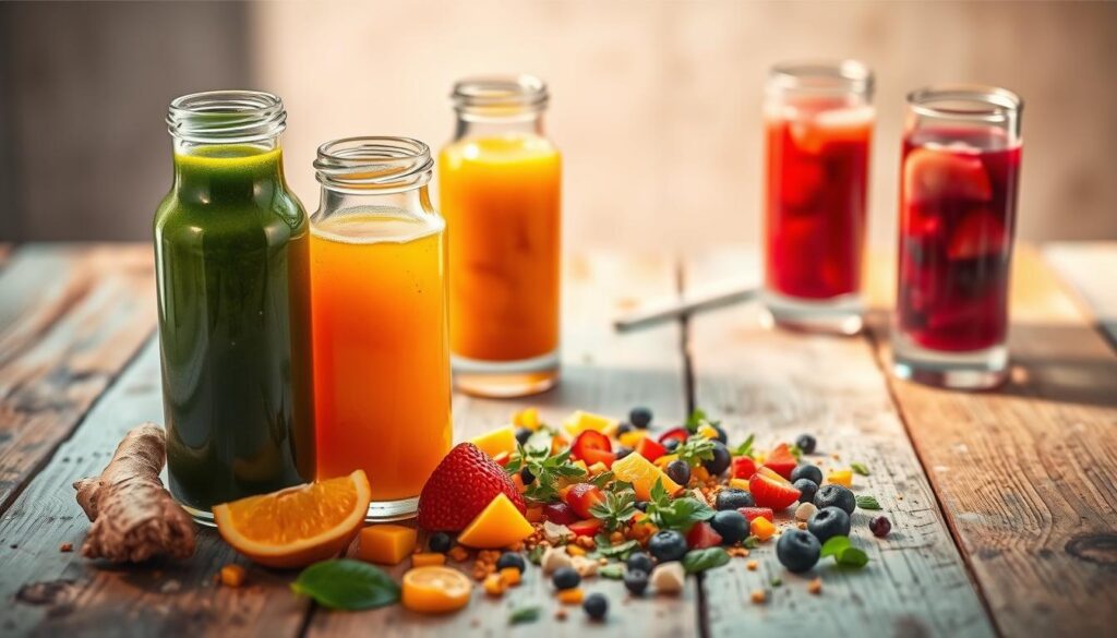 A vibrant still life of five homemade immunity booster shots artfully arranged on a rustic wooden table. The foreground features an array of glass bottles filled with vibrant liquids in shades of green, orange, and red, each with a unique combination of fresh ingredients like ginger, turmeric, citrus, and berries. Soft natural lighting casts a warm glow, highlighting the textures and colors. In the middle ground, a scattering of chopped herbs, spices, and fruits creates a visually appealing composition. The background is a simple, uncluttered setting, allowing the natural goodness of the immunity shots to take center stage. A vibrant still life of five homemade immunity booster shots artfully arranged on a rustic wooden table. The foreground features an array of glass bottles filled with vibrant liquids in shades of green, orange, and red, each with a unique combination of fresh ingredients like ginger, turmeric, citrus, and berries. Soft natural lighting casts a warm glow, highlighting the textures and colors. In the middle ground, a scattering of chopped herbs, spices, and fruits creates a visually appealing composition. The background is a simple, uncluttered setting, allowing the natural goodness of the immunity shots to take center stage.