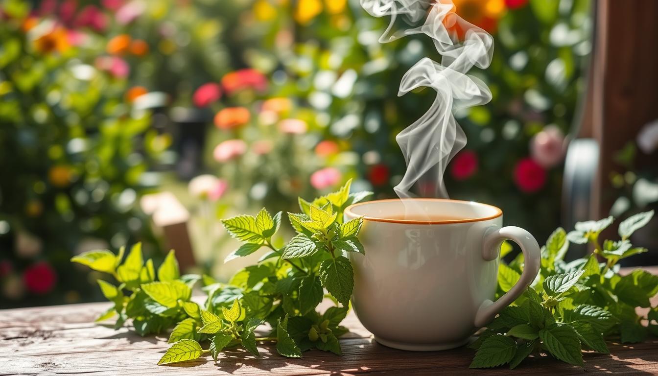 Fresh lemon balm leaves and a steaming mug of lemon balm tea on a wooden table