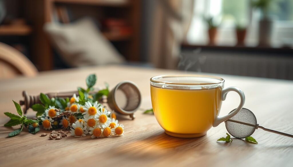 stress relief tea Cup of chamomile and mint tea