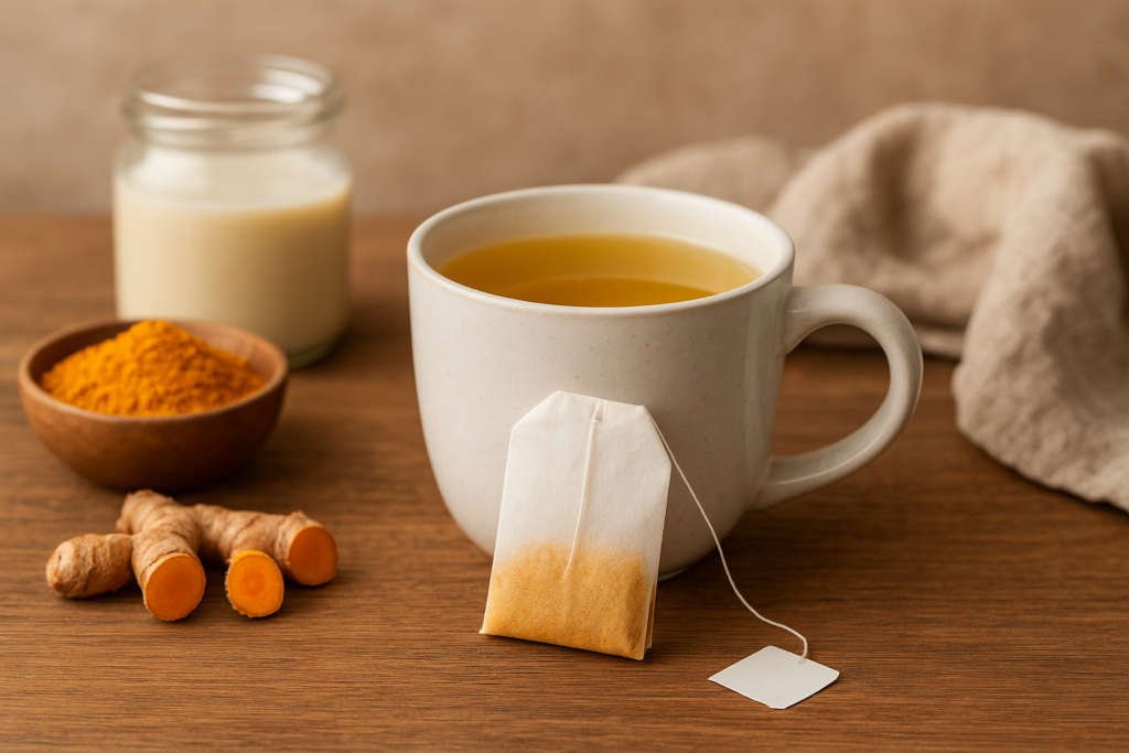 AI-generated image showing Turmeric tea bags on a wooden table with a warm golden color