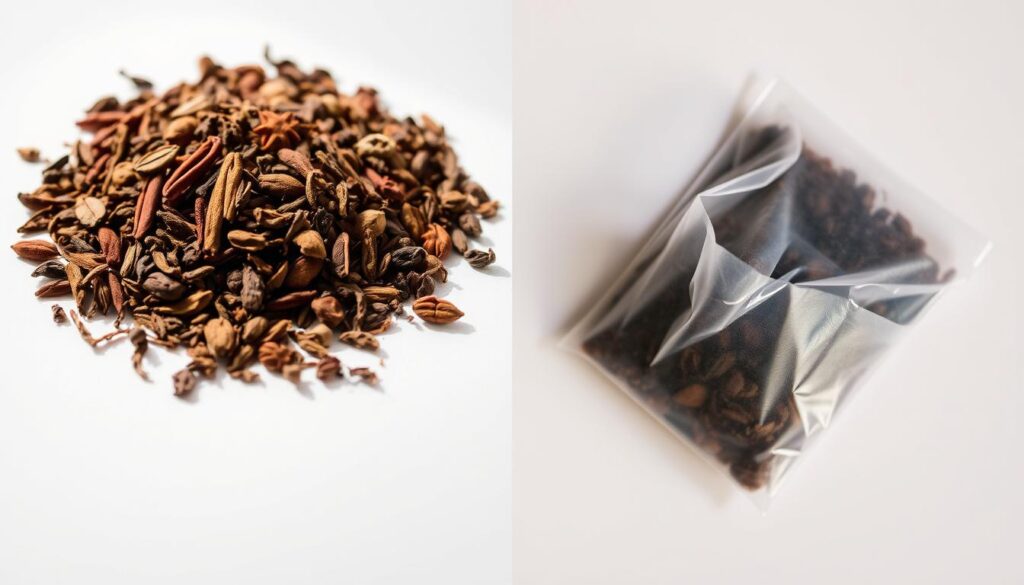 Loose chai tea leaves compared with chai tea bags