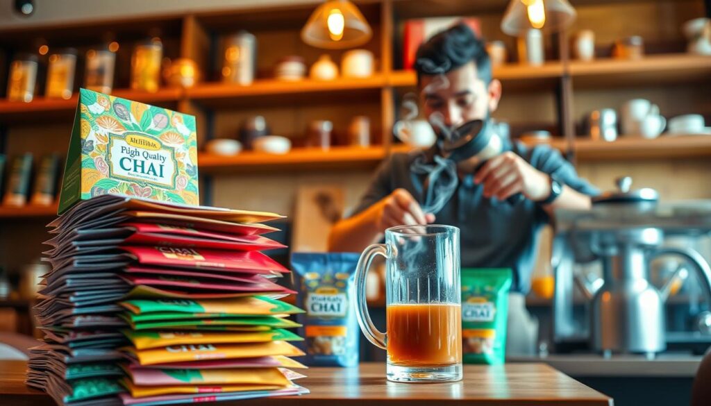 Different brands of chai tea bags arranged on a wooden table