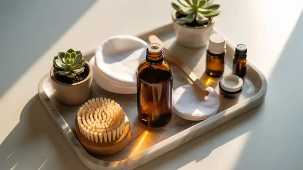 Organized flat lay of organic castor oil bottle with natural wellness accessories and beauty tools