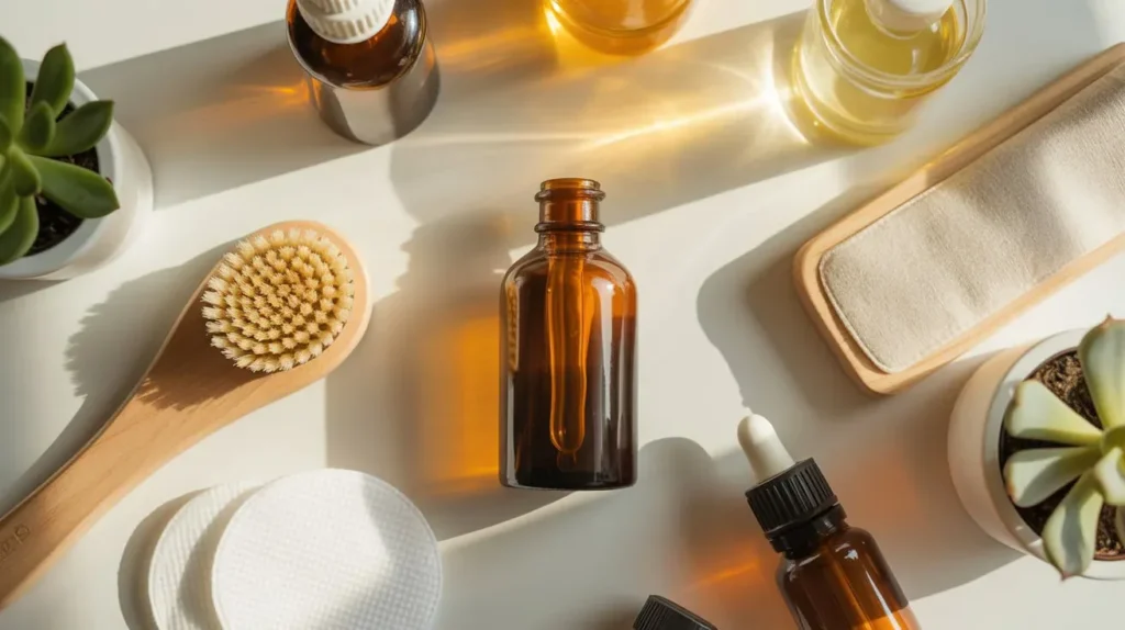 Premium organic castor oil in amber glass bottle with elegant natural lighting and shadows