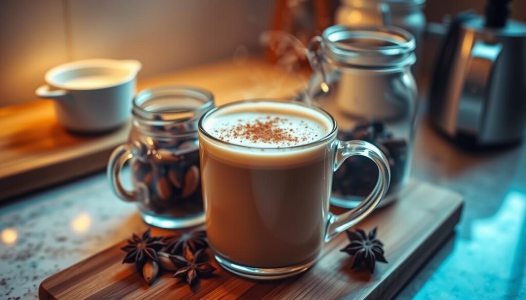 Chai latte in a cup showing caffeine content