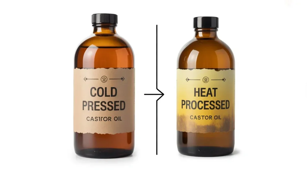 Visual comparison of cold pressed organic castor oil versus heat processed showing color and quality differences