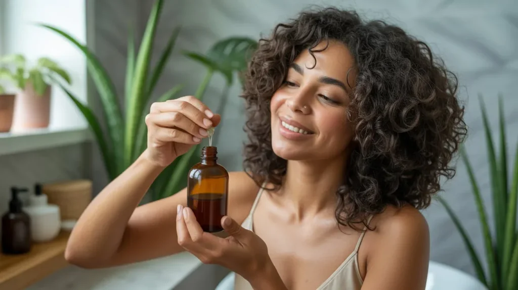 Woman smiling while using organic castor oil with dropper in natural wellness routine