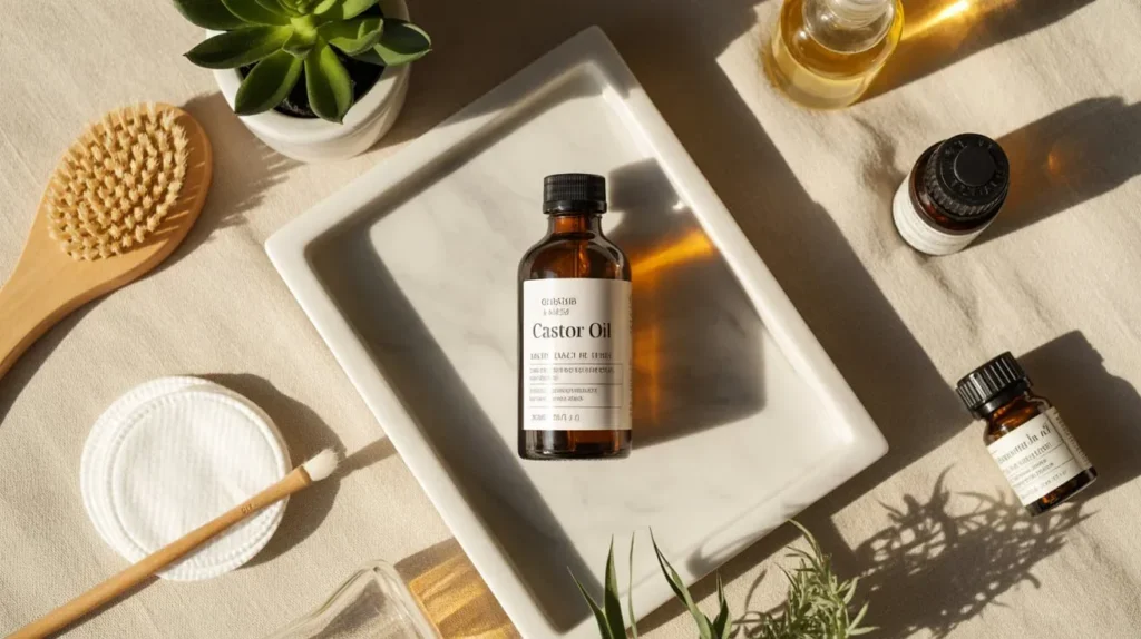 Minimalist flat lay of organic castor oil with natural beauty accessories on marble tray