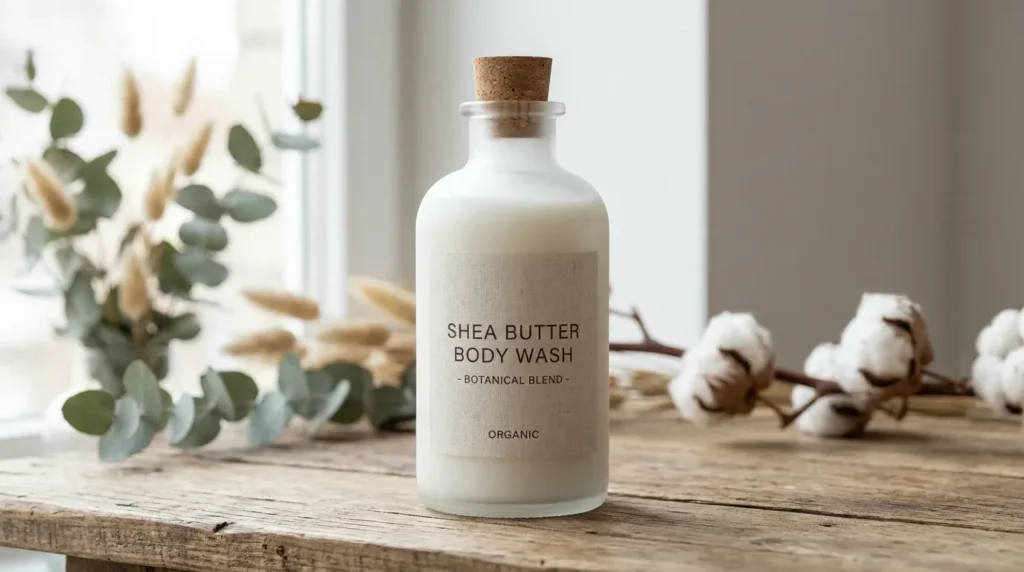 Organic shea butter body wash bottle with cork stopper and natural botanical elements on rustic wood surface