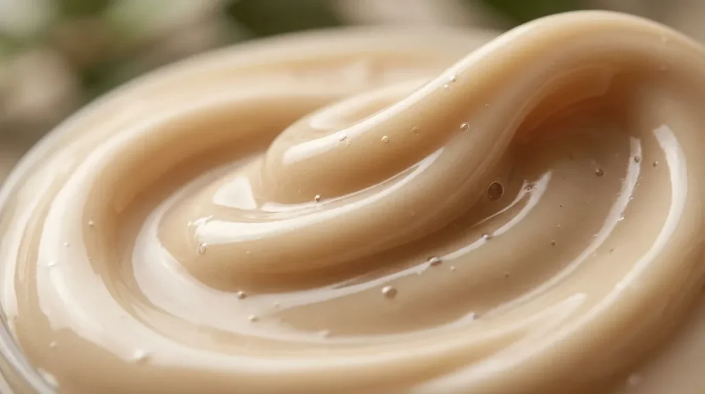 Close-up macro of rich creamy shea butter body wash texture
