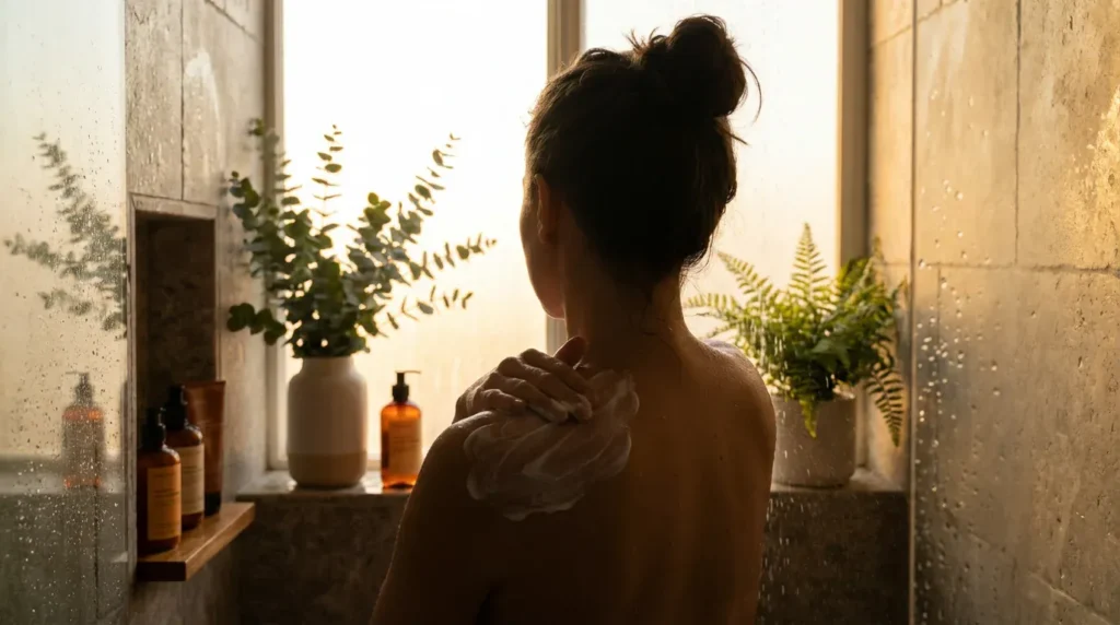 Woman applying shea butter body wash during relaxing shower routine in natural spa bathroom
