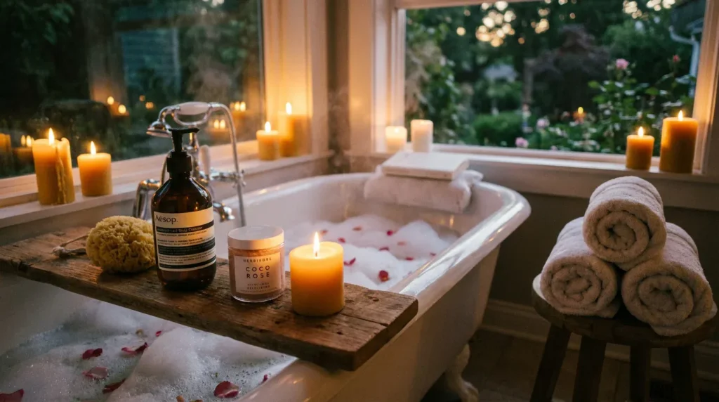 spa bathroom setup with shea butter body wash, candles, and rolled towels on bathtub
