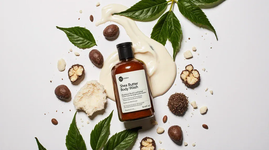 Shea butter body wash bottle surrounded by natural shea nuts and botanical leaves on white background