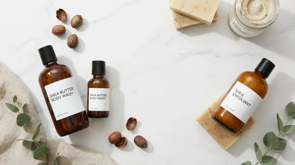 Collection of shea butter body care products including body wash and exfoliator on marble surface