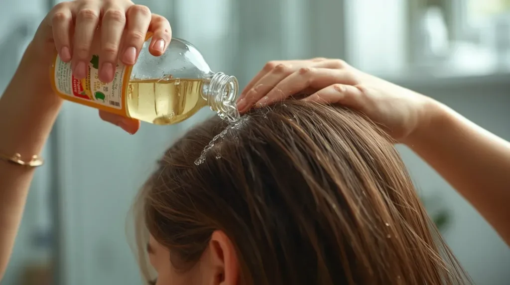 Pouring apple cider vinegar hair rinse over scalp for natural hair care routine