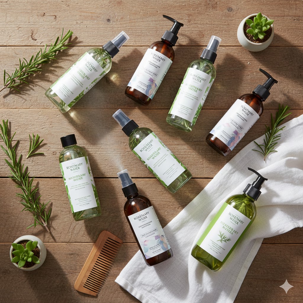 Selection of commercial rosemary water spray bottles and products arranged on wooden table