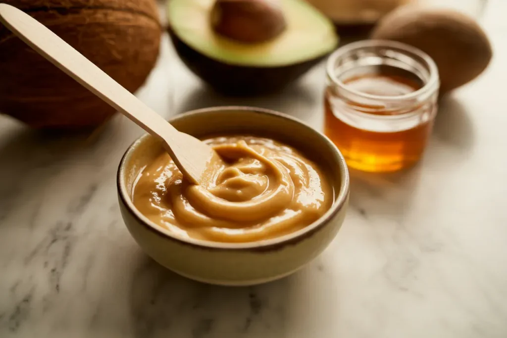 Creamy homemade hair mask with smooth texture in ceramic bowl with wooden spatula and avocado