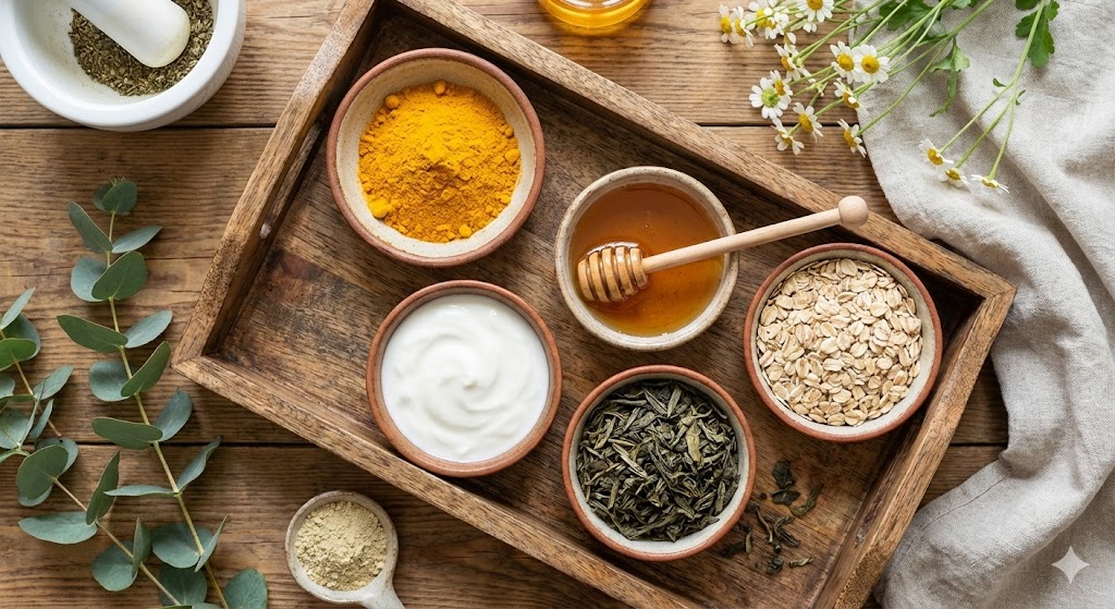 DIY natural face mask ingredients including turmeric honey yogurt and green tea for radiant glowing skin