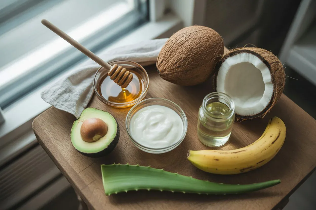 Natural DIY hair mask ingredients including avocado, coconut, honey, banana, yogurt and aloe vera arranged on wooden board
