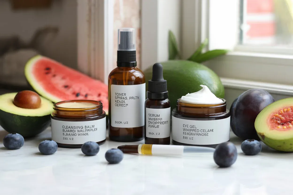 DIY natural glow skincare routine products labeled with cleansing balm, toner, serum, cream and eye gel