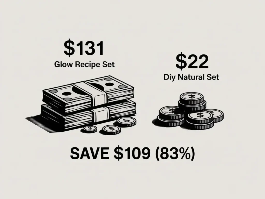 Cost comparison showing $131 for Glow Recipe set versus $22 for DIY natural set - save $109 or 83%