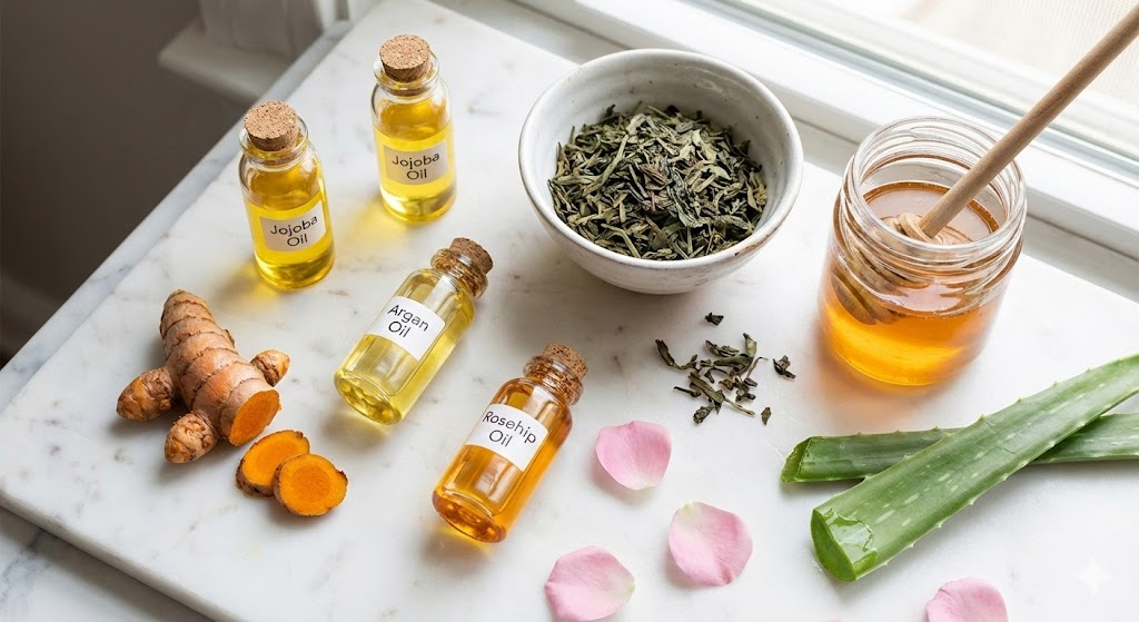 Natural herbal solutions for glowing skin including plant oils, turmeric, green tea, honey and aloe vera on white surface