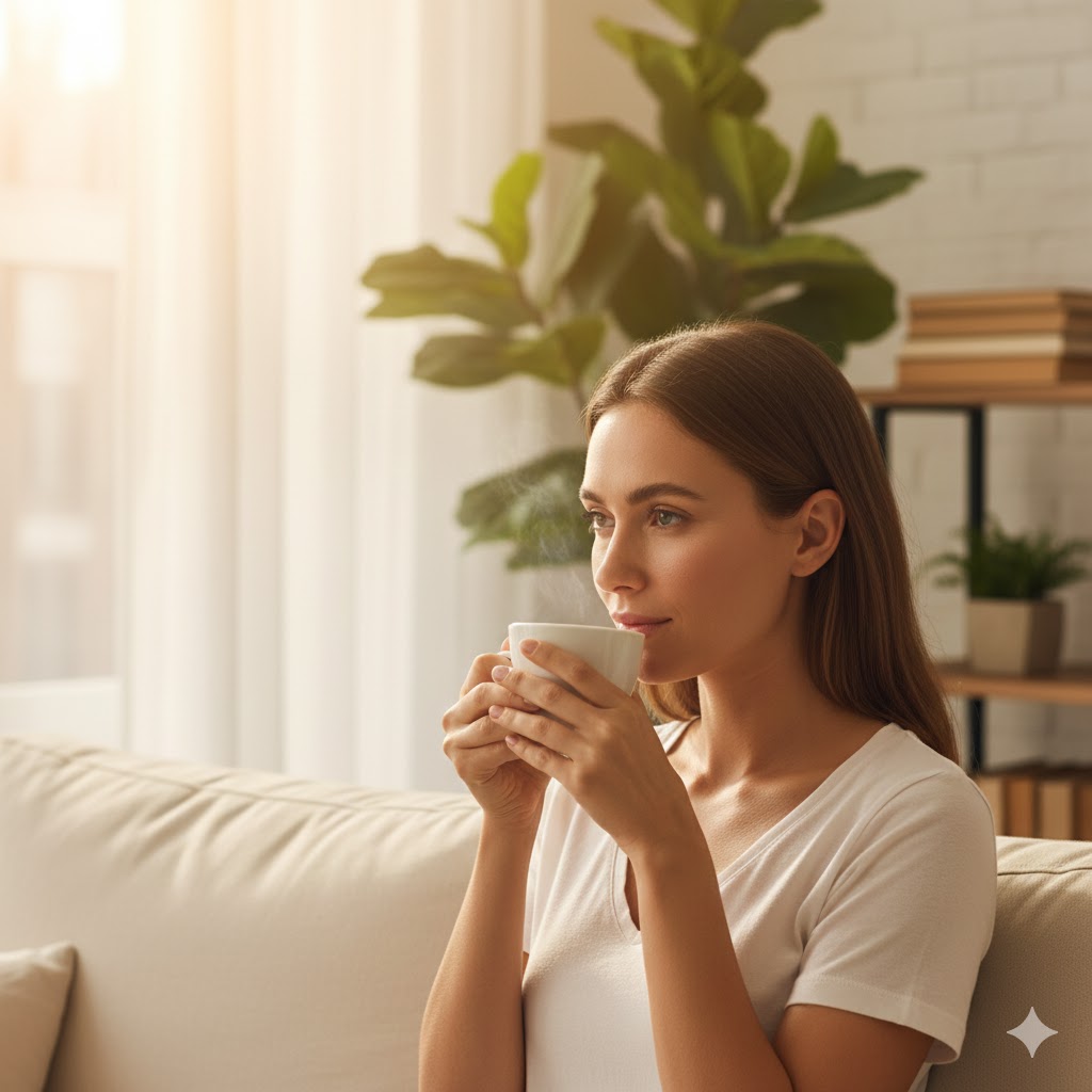 Woman with naturally glowing skin drinking herbal tea as part of holistic skincare routine