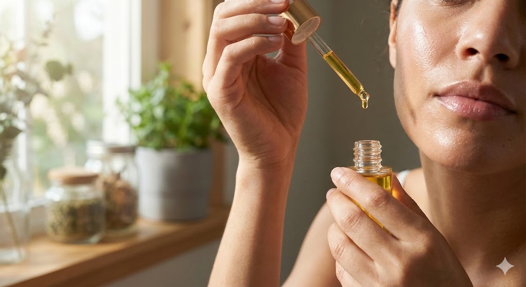 Woman applying natural plant oil drops for glowing skin in morning skincare routine