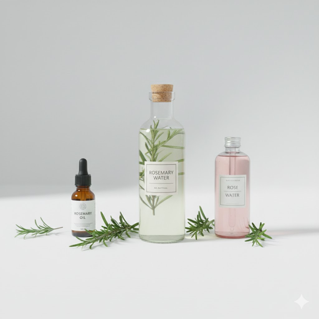 Rosemary water, rosemary oil, and rose water bottles arranged side by side for comparison