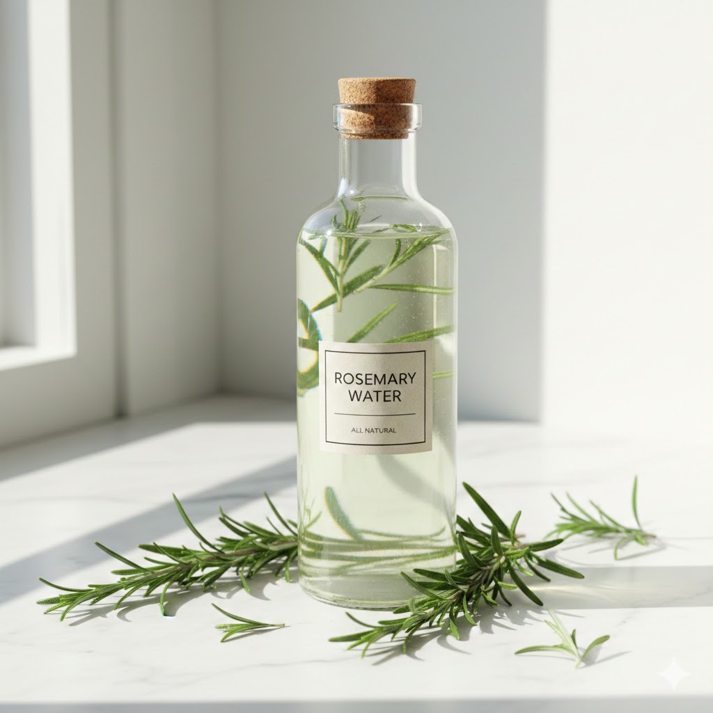 Clear glass bottle of rosemary water surrounded by fresh rosemary sprigs on white marble surface