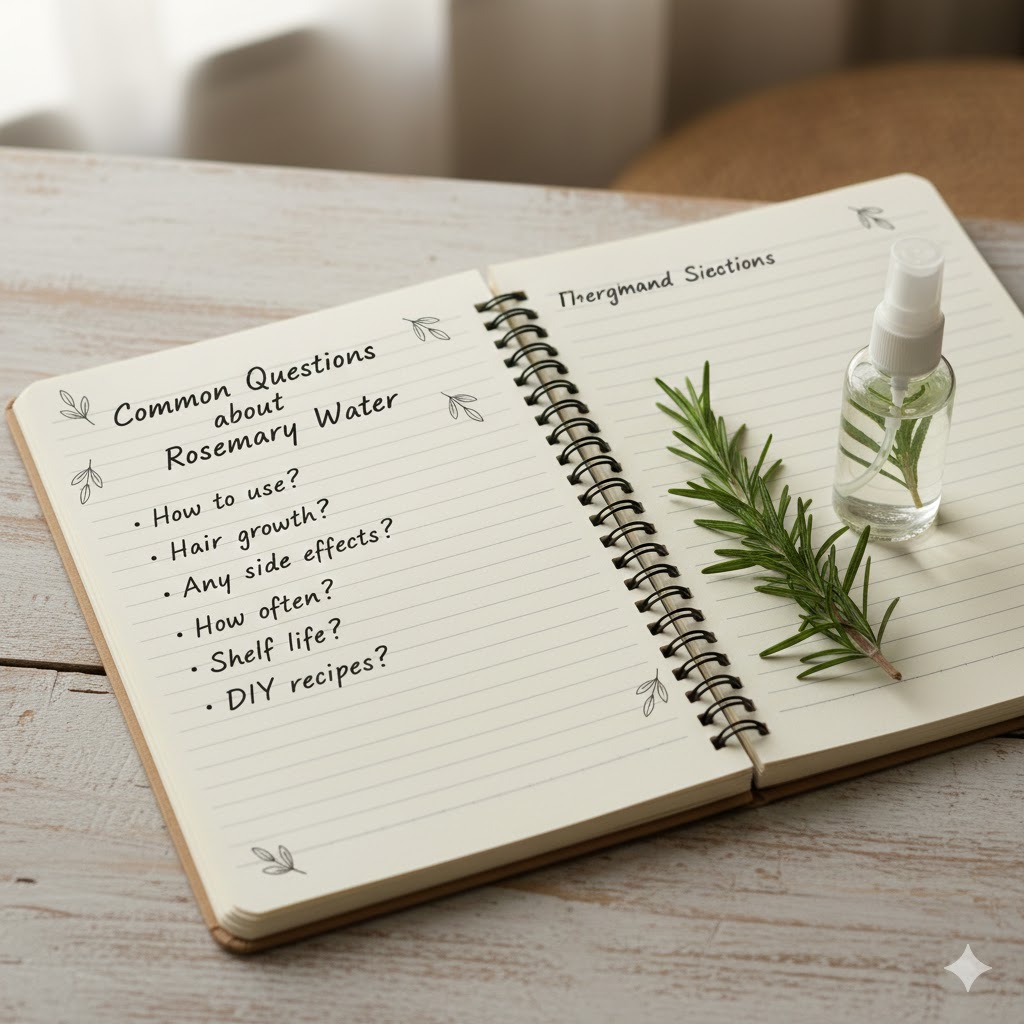 Notepad with common questions about rosemary water next to rosemary sprig and spray bottle