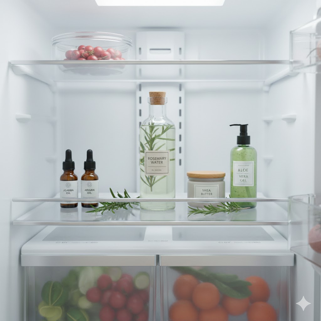 Glass bottle of rosemary water stored in refrigerator door with other natural beauty products