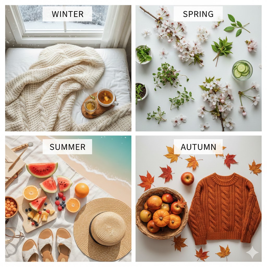 How Do Changing Seasons Affect Our Lifestyle: Four seasons lifestyle comparison showing winter cozy scene with hot tea, spring flowers and fresh greens, summer outdoor activities with fruits, and autumn harvest with falling leaves in natural wellness aesthetic