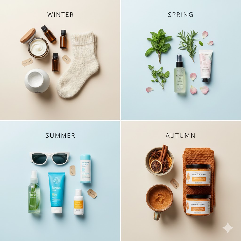 Four seasons self-care product display with winter body butter and essential oils, spring light moisturizers, summer cooling products, and autumn warming spices in natural wellness arrangement