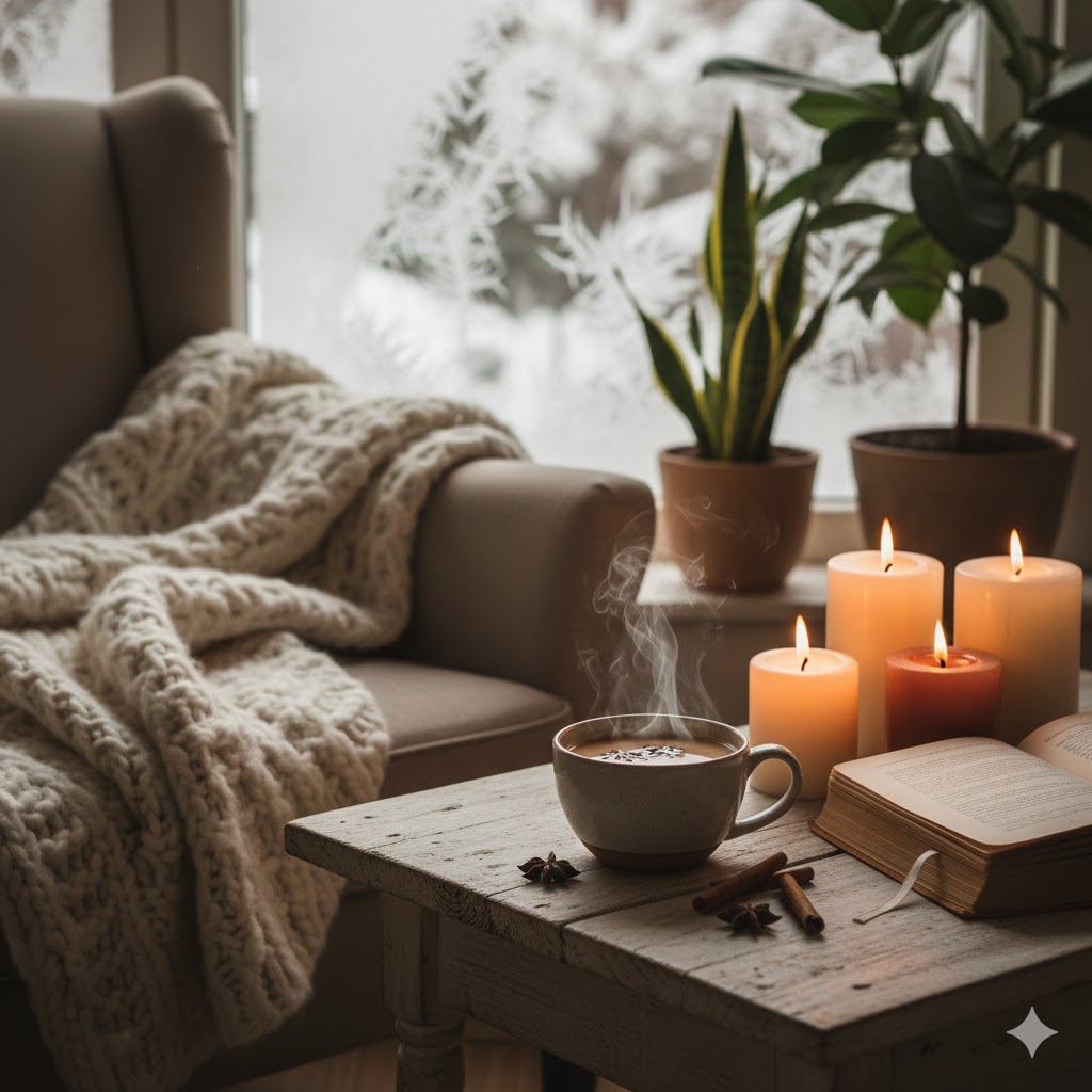 How Do Changing Seasons Affect Our Lifestyle: Cozy winter wellness scene with steaming chai tea cup on wooden table, knit blanket, glowing candles, and natural ingredients creating hygge atmosphere for seasonal lifestyle