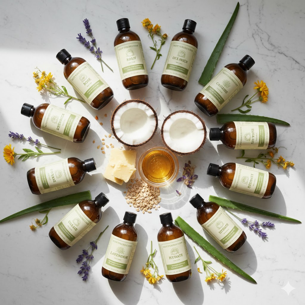 Assortment of 11 best natural body lotions arranged on marble surface with fresh botanical ingredients including honey, oats, shea nuts, and aloe vera