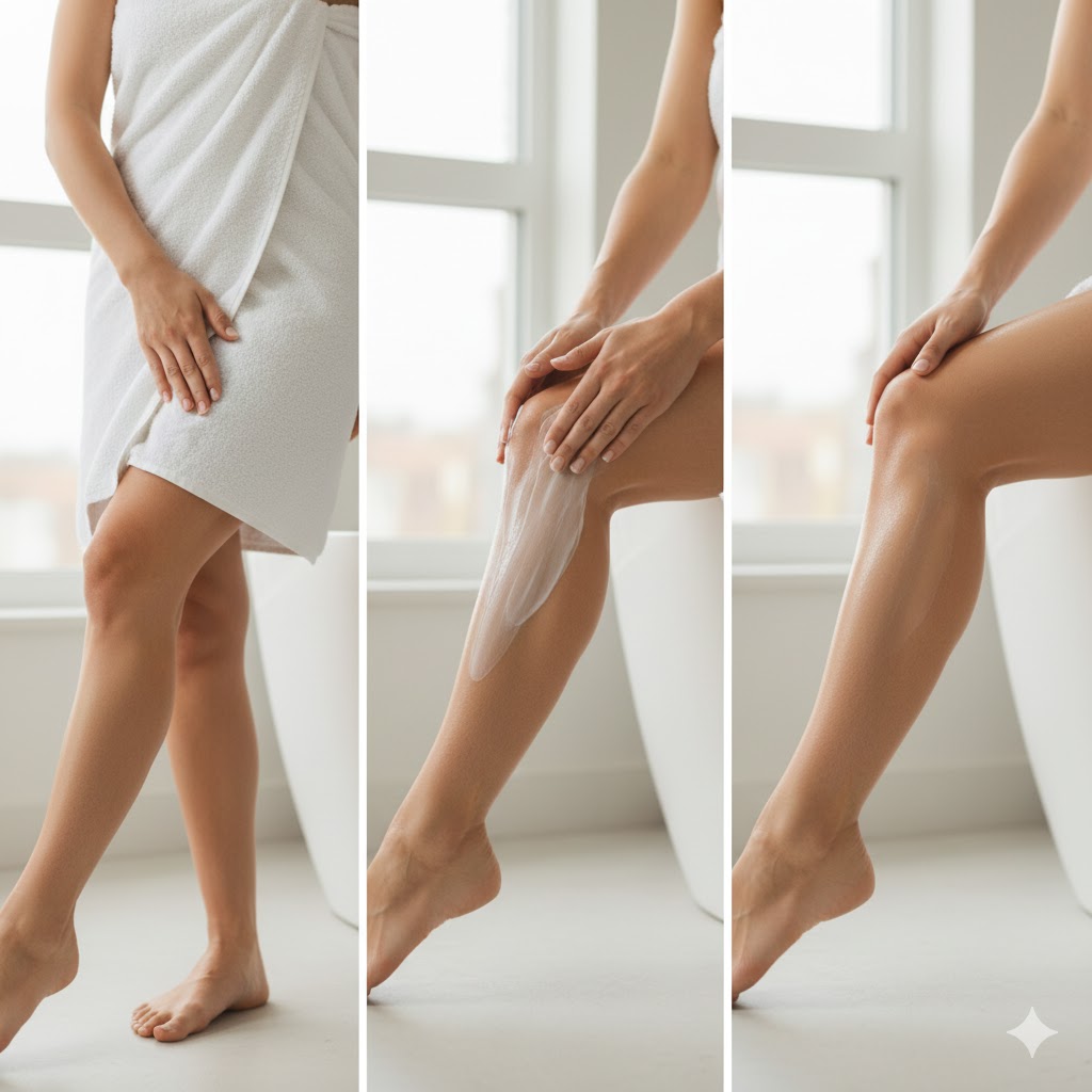 Step-by-step visual guide showing proper body lotion application technique on damp skin in circular upward motions
