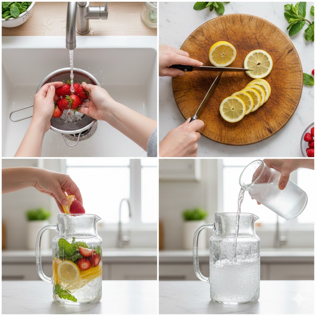 Step-by-step tutorial showing how to make infusion recipes - washing fruits, slicing lemons, adding ingredients to pitcher and pouring water