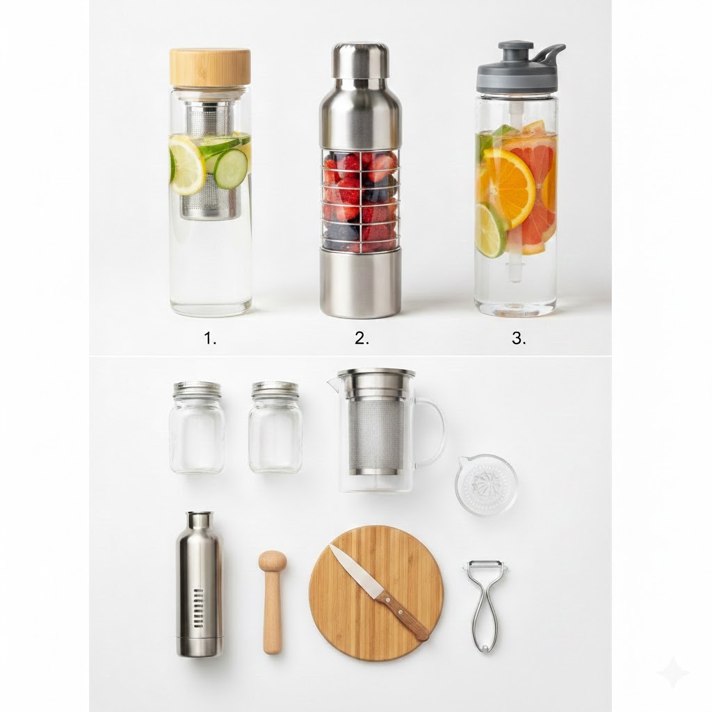 Essential equipment for making infusion recipes including glass infuser pitcher, water bottles, mason jars, cutting board, muddler and preparation tools. and Top rated infuser bottles for making infusion recipes on-the-go - glass, stainless steel and BPA-free plastic options merci de les fusionner