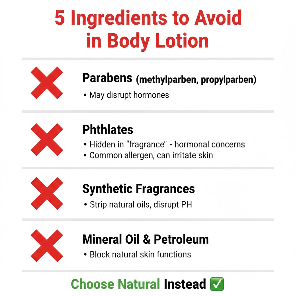 Infographic listing harmful ingredients to avoid in body lotion: parabens, phthalates, synthetic fragrances, sulfates, and mineral oil with red X marks