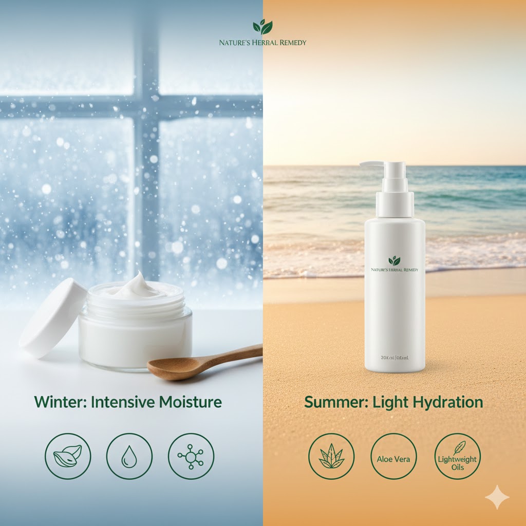 Split image comparing winter dry skin needing rich cream versus summer hydrated skin with lightweight lotion, seasonal skincare guide