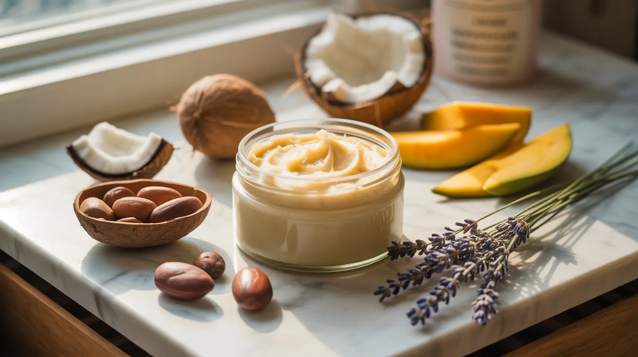 Natural body butter skincare product with shea cocoa mango butter for dry skin treatment
