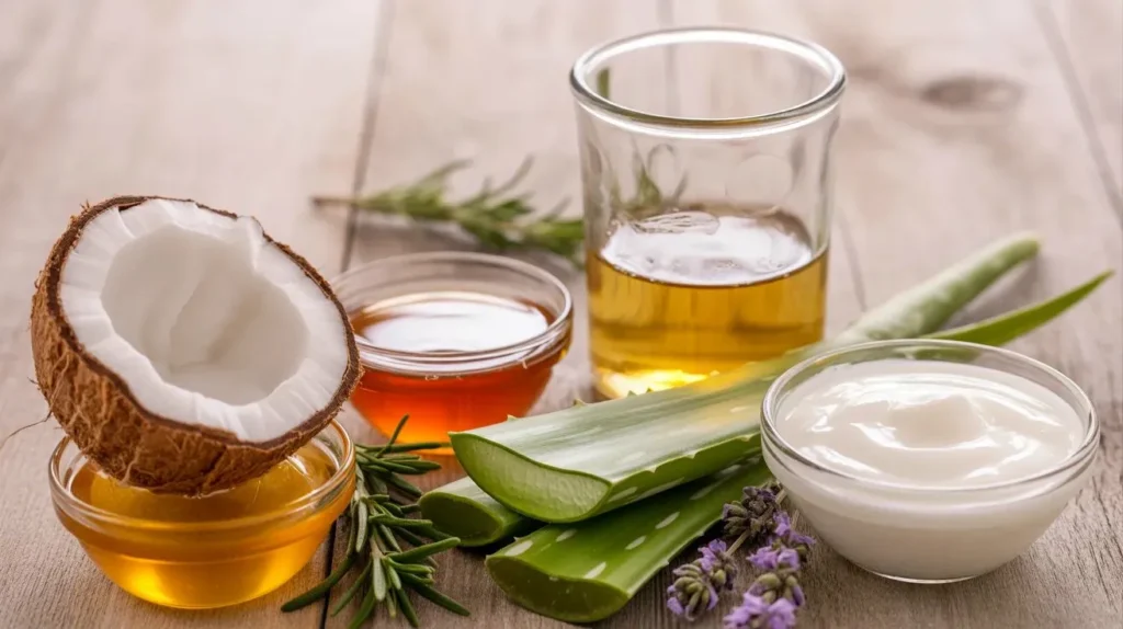 DIY hair conditioner ingredients showing coconut half, jars of honey and coconut oil, fresh aloe vera leaves, rosemary, and lavender on rustic wood