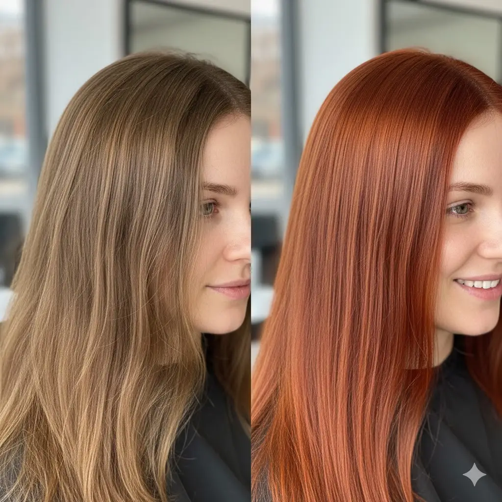 Before and after hair transformation comparison showing mousy brown hair transformed to vibrant copper-red using natural henna dye