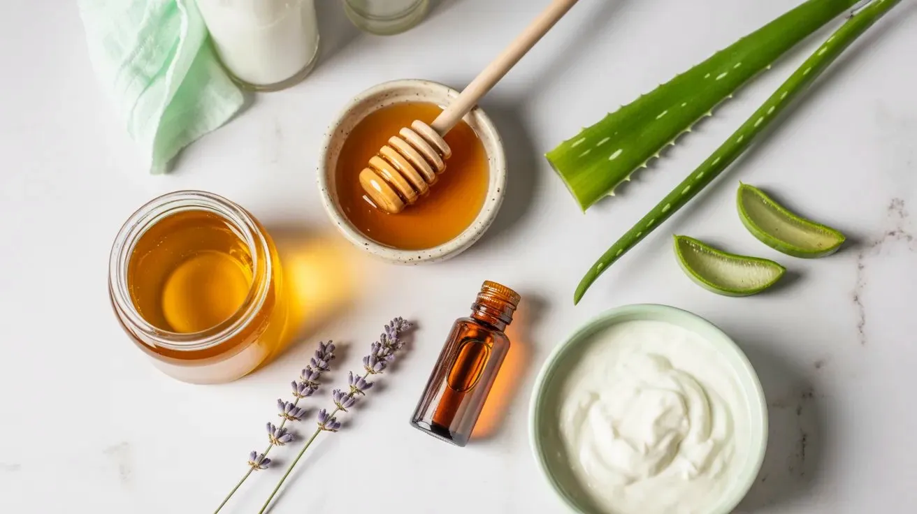 Natural homemade hair conditioner ingredients including honey with wooden dipper, aloe vera leaves, lavender essential oil, and yogurt on white marble surface