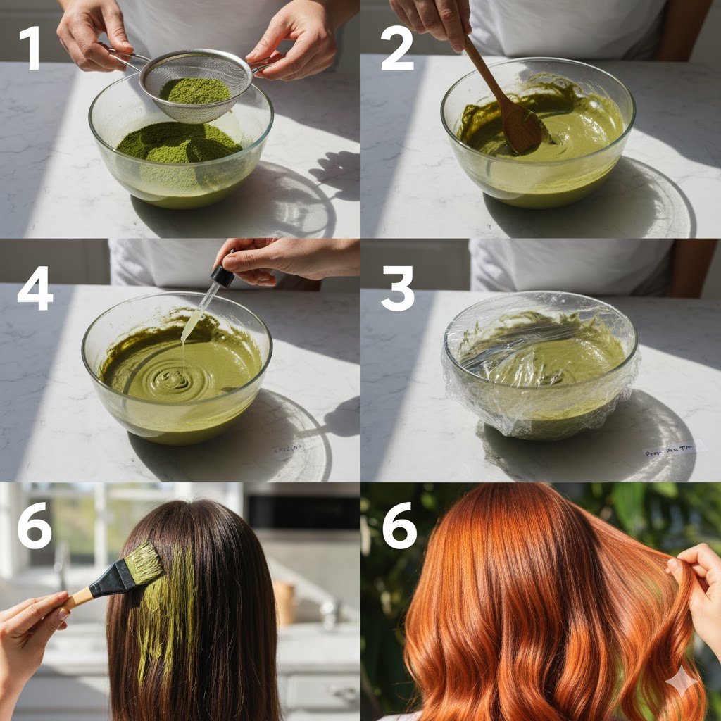 Step-by-step DIY henna hair dye tutorial showing mixing, preparation, application, and final copper-red result on hair