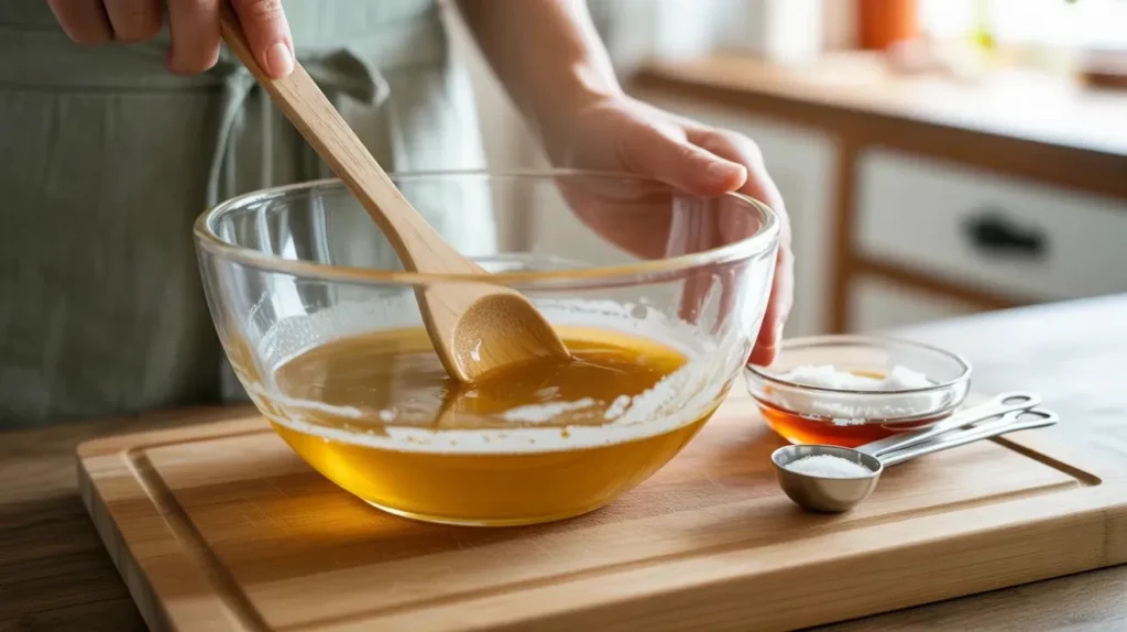 Person mixing homemade hair conditioner in glass bowl with wooden spoon showing golden honey and oil mixture on kitchen counter